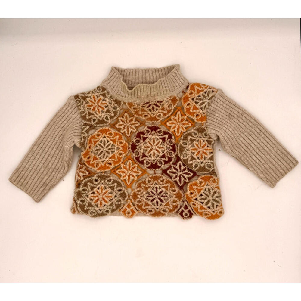 Charabia Paris Size 6 Mo. Kids Tan Embroidered Wool Blend Ribbed Sweater Vintage